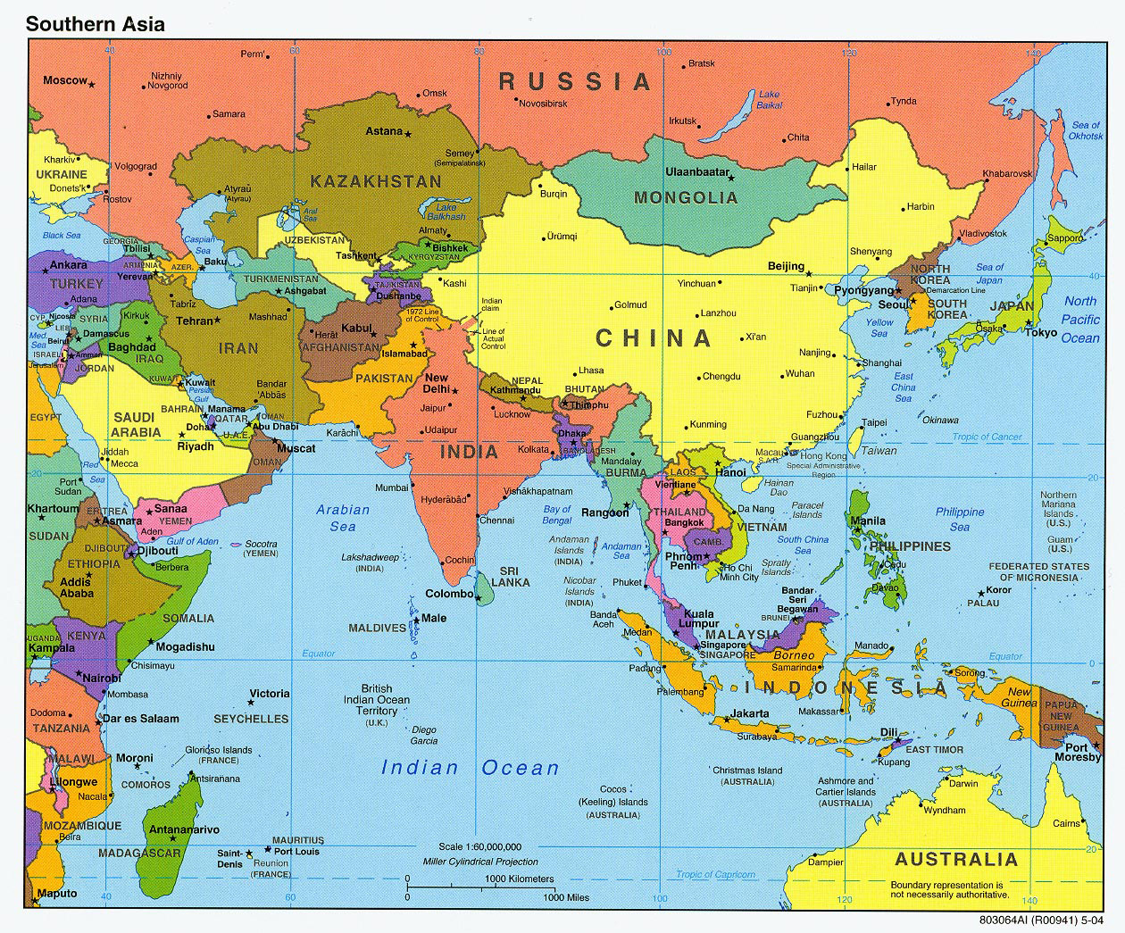 Detailed Political Map Of Southern Asia With Capitals And Major with Map of Europe and Asia with Capitals