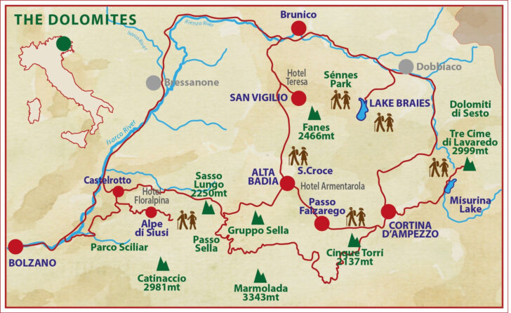 Map of the Dolomites In Italy