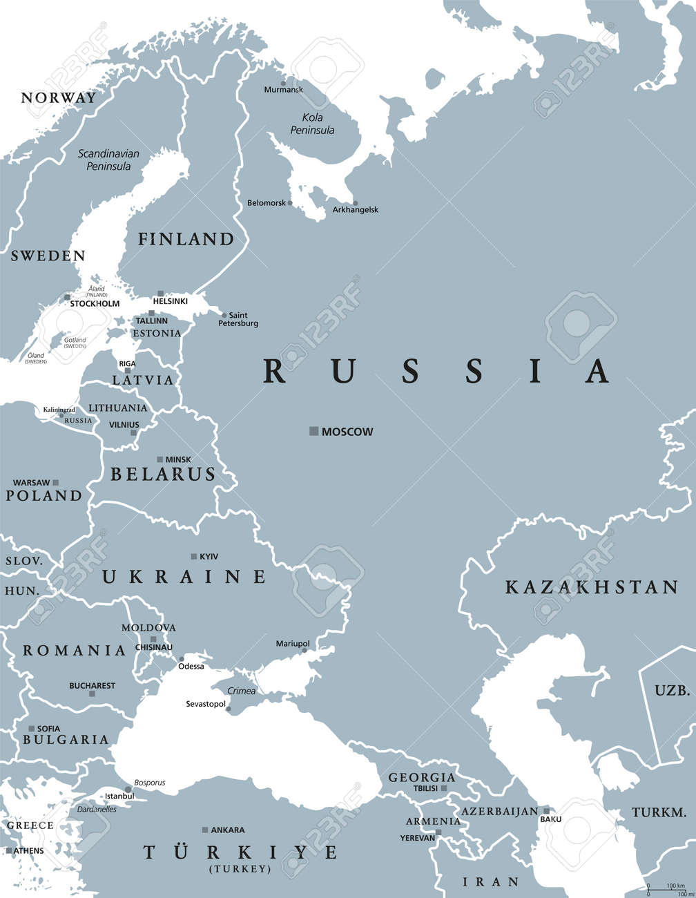 Eastern Europe And Western Asia, Gray Political Map, With Capitals with Map Of Eastern Europe And Central Asia