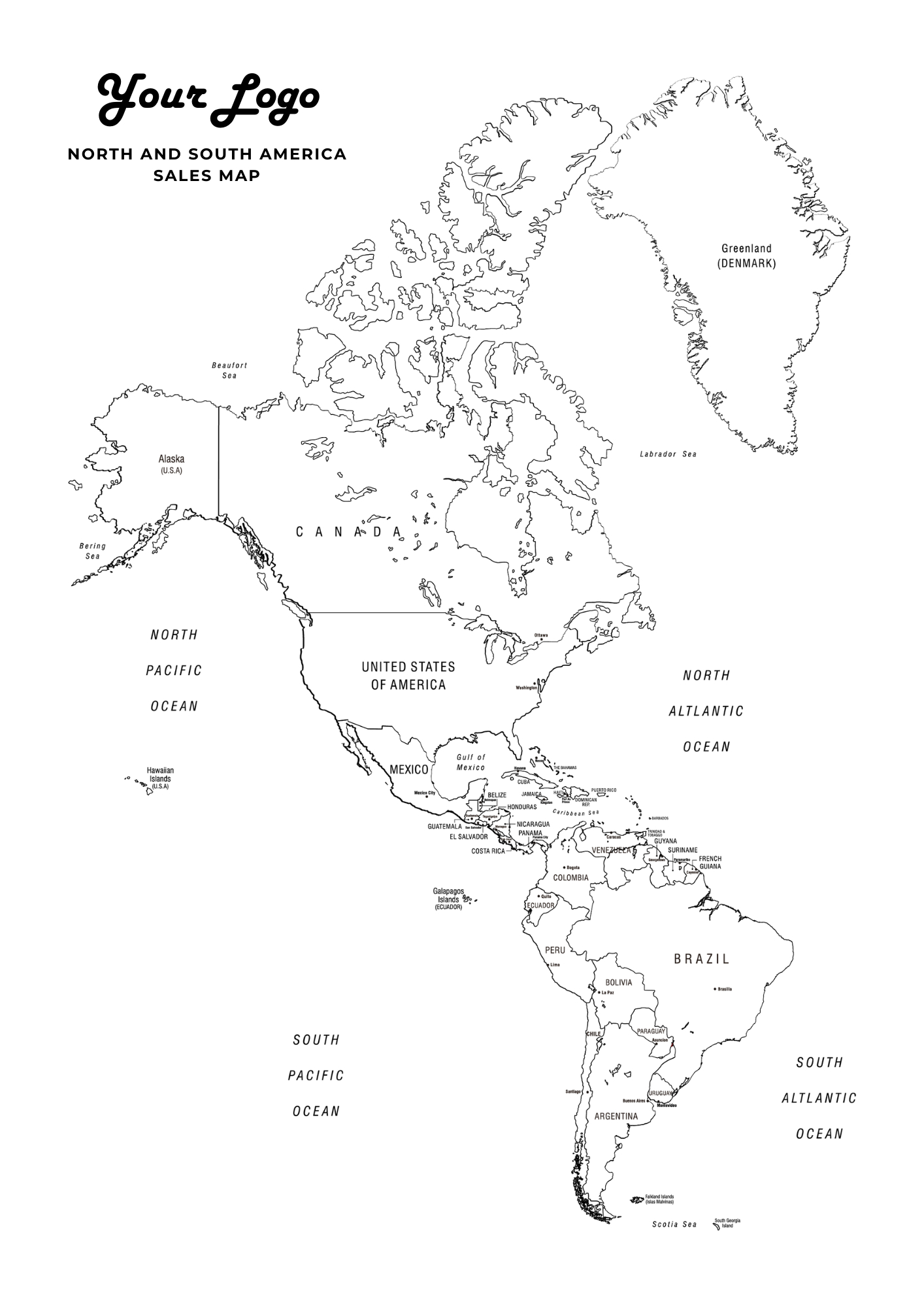 Editable Canva North And South America Sales Map Coloring Page,Road Trip Map,Travel Map Tracker with Printable North and South America Map