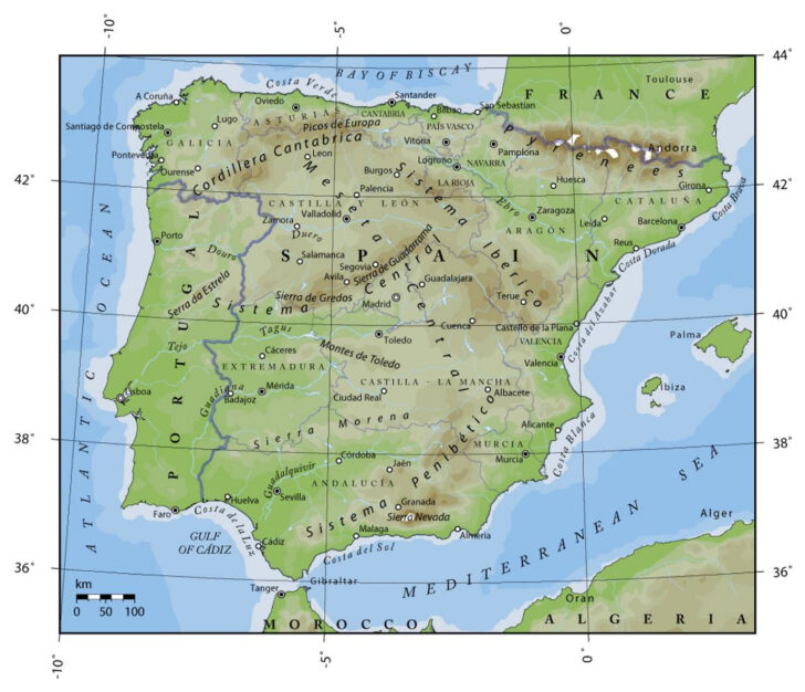 Topographic Map of Spain and Portugal