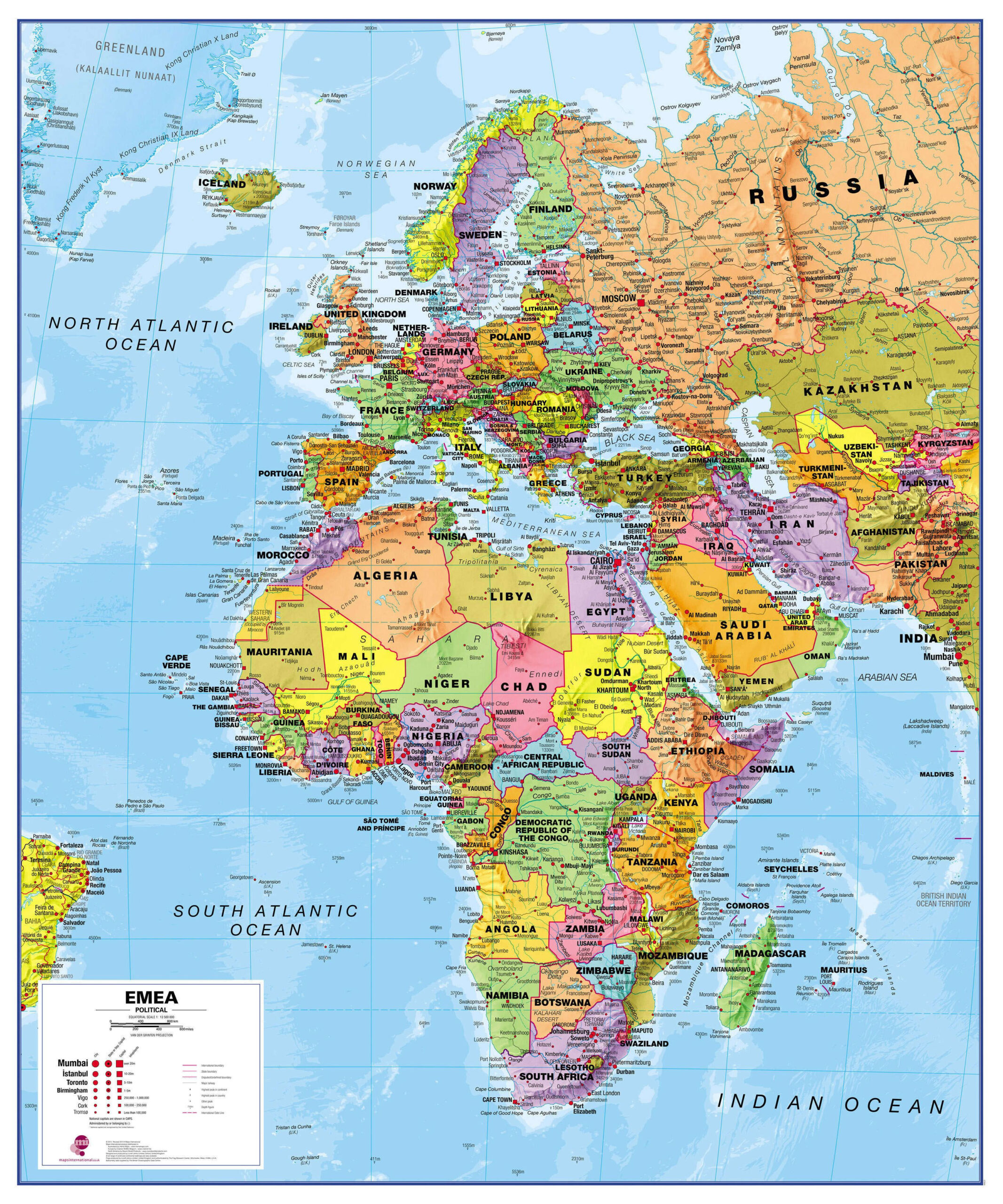 Emea - Europa, Afrika, Mittlerer Osten - Politisch (100 X 120 Cm / 1:13.500.000) pertaining to Map Of Europe And Asia And Africa