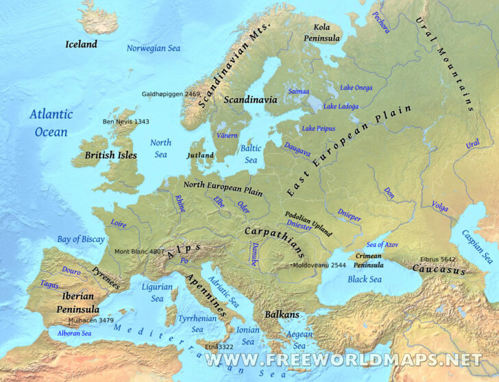 Map of Europe and Asia with Rivers