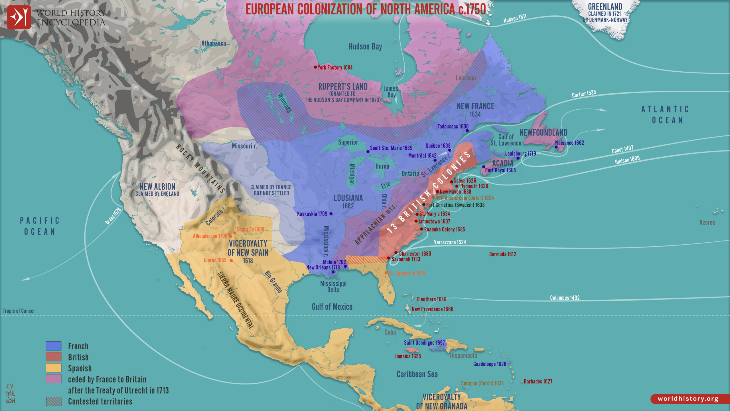 European Colonization Of North America C.1750 - World History inside European Settlements In North and South America 1682 Map
