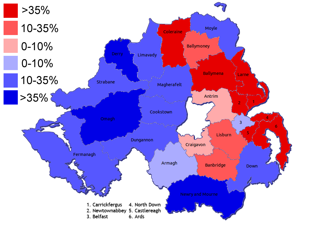 File:districts Of Northern Irelandpredominant Religion throughout Religion Map Of Northern Ireland