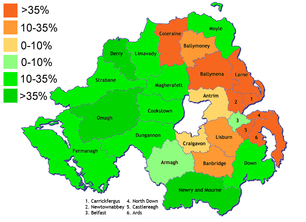 File:districts Of Northern Irelandstrength Of Religious in Religion Map of Northern Ireland