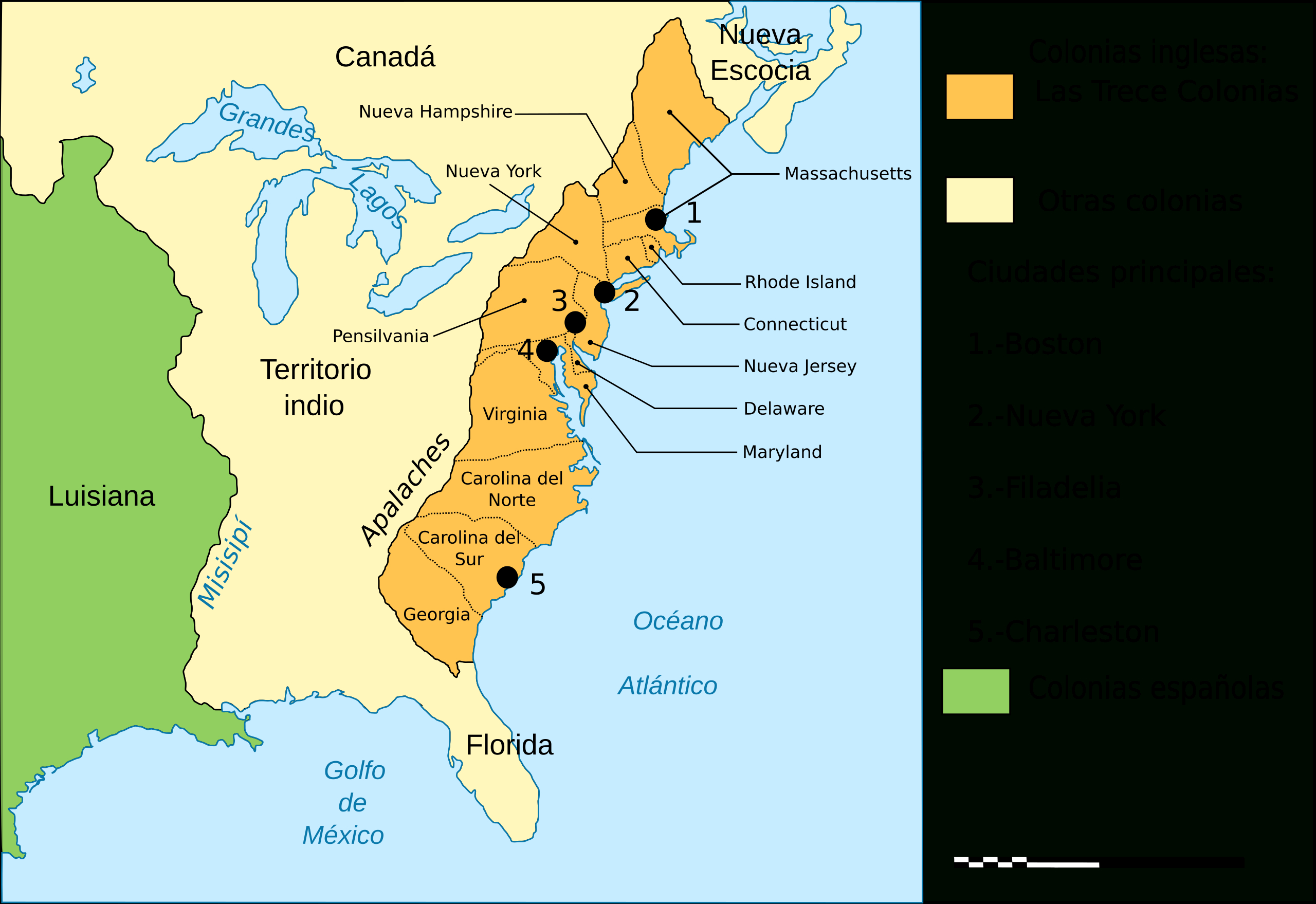 File:map Thirteen Colonies 1775-Es.svg - Wikimedia Commons regarding Printable Map of the Thirteen Colonies