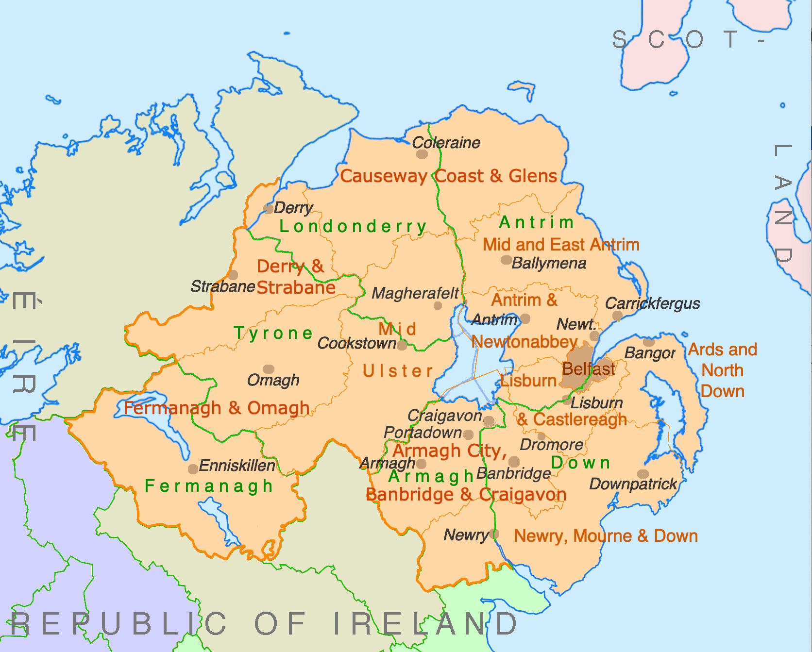 filenorthern ireland counties districts wikimedia commons within map of northern ireland showing counties File:northern Ireland Counties + Districts - Wikimedia Commons within Map of Northern Ireland Showing Counties