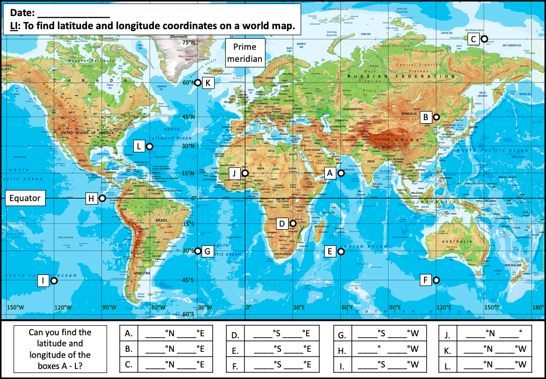Finding Latitude And Longitude Coordinates On A World Map - Ks2 inside Map of World Latitude Longitude Printable