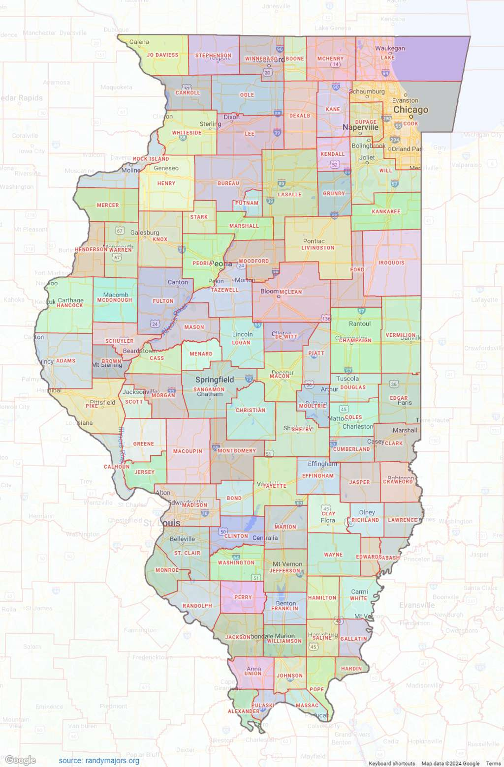 Illinois County Map – Shown On Google Maps within Illinois County Map with Cities Printable