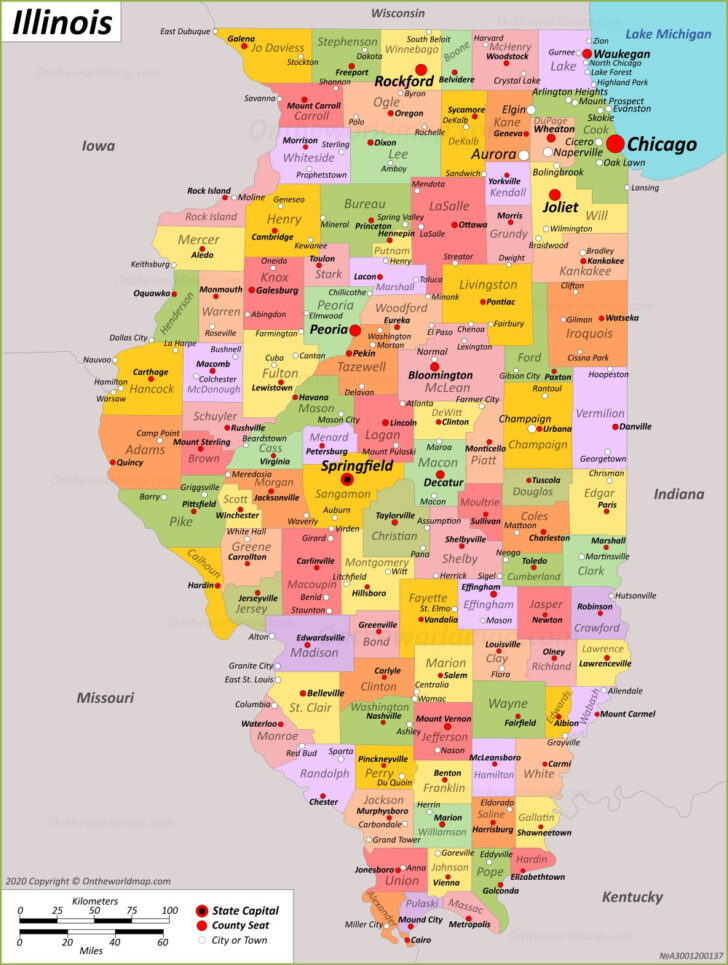 Printable Map of Illinois with Cities