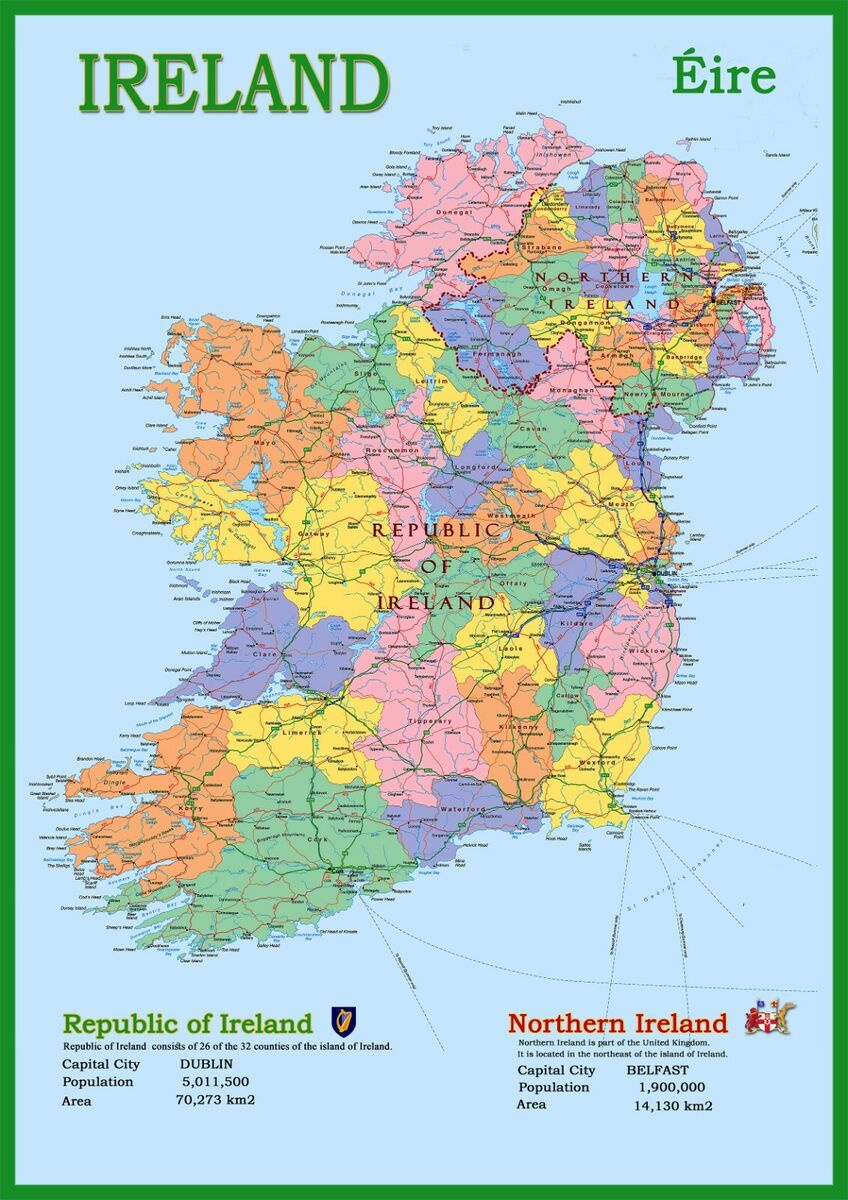Ireland County Laminated Wall Map A1 59.4 X 84.1Cm for Map Of Ireland And Northern Ireland Counties