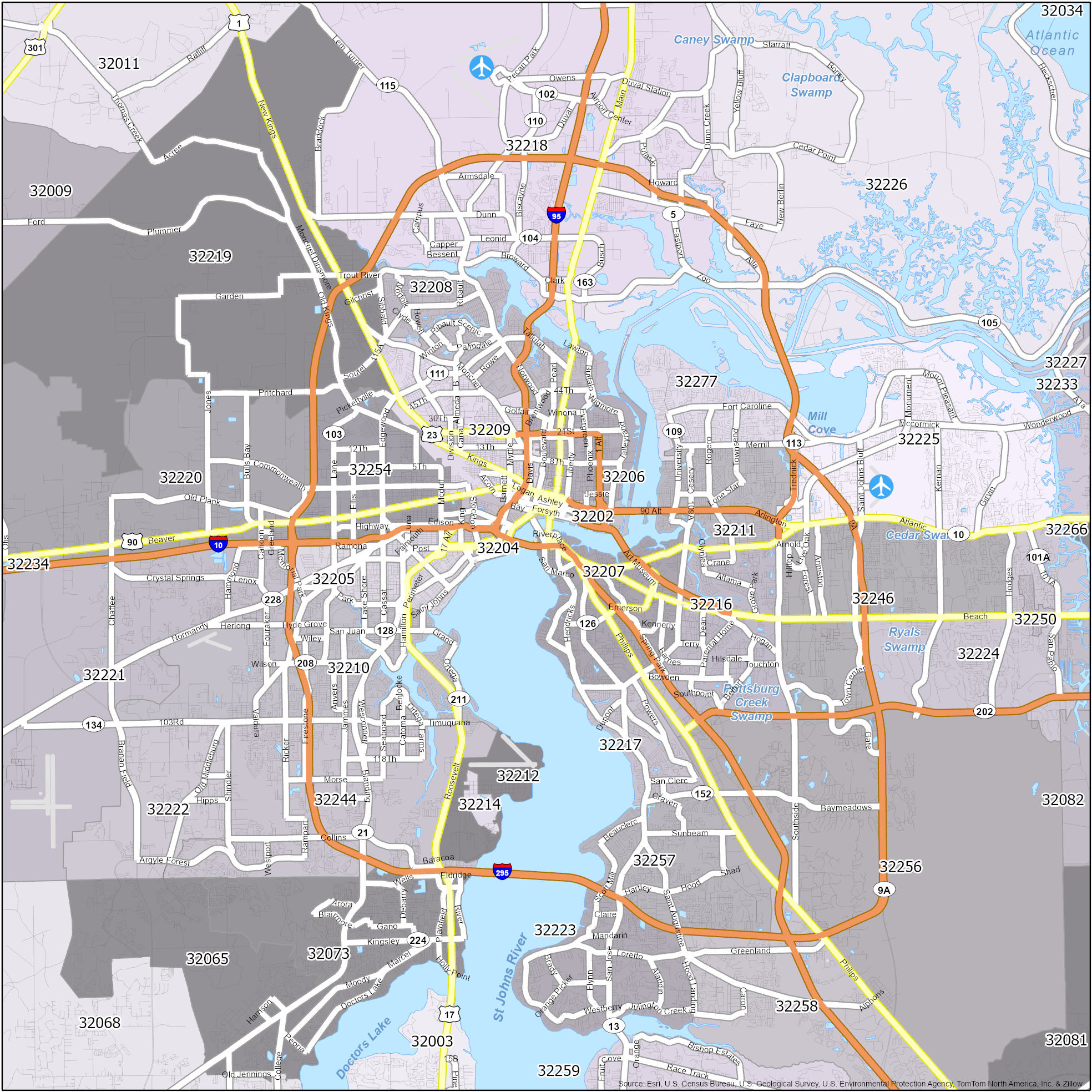 Jacksonville Zip Code Map - Gis Geography intended for Jacksonville Fl Zip Code Map Printable