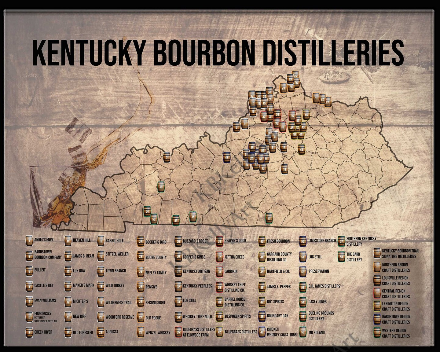 Kentucky Bourbon Distilleries Map Push Pin Map Bourbon Trail Wall Art Travel Bucket List Bourbon Drinker Man Cave Decor Husband Gift For Him | intended for Pdf Printable Kentucky Bourbon Trail Map