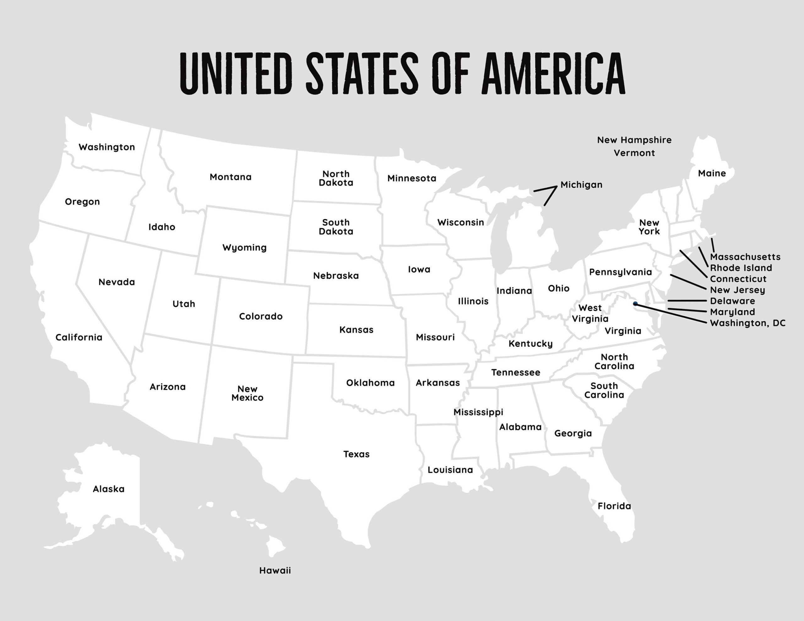 Landkarte Usa Mit 50 Bundesstaaten, Schwarz Weiß Landkarte Der Usa pertaining to Printable Labeled Map of the United States