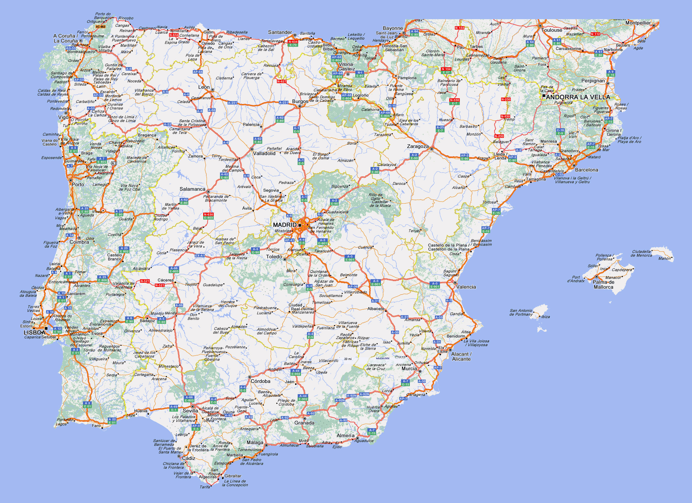 Large Detailed Highways Map Of Spain And Portugal With Cities in Maps Of Portugal And Spain