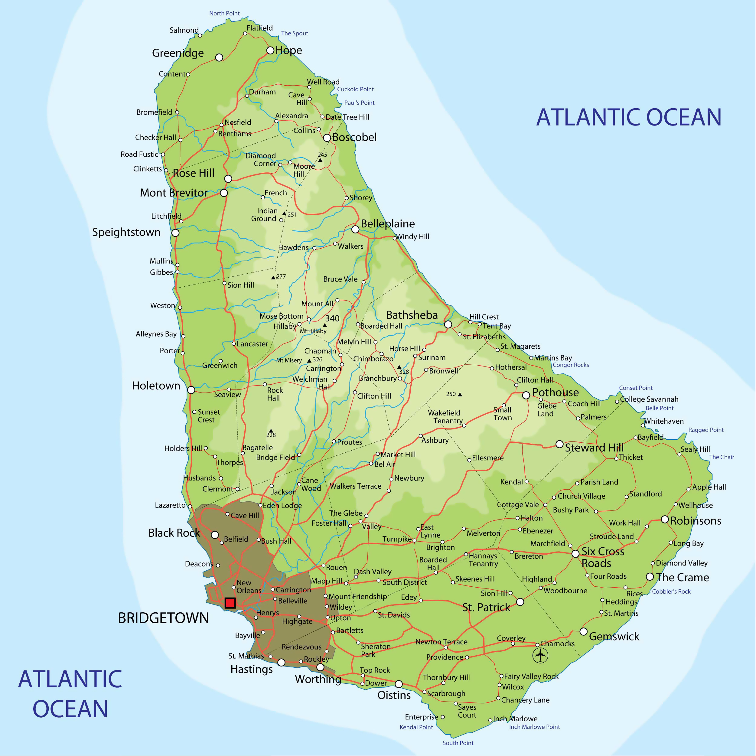 Large Detailed Physical Map Of Barbados With Roads, Cities And regarding Map of Barbados