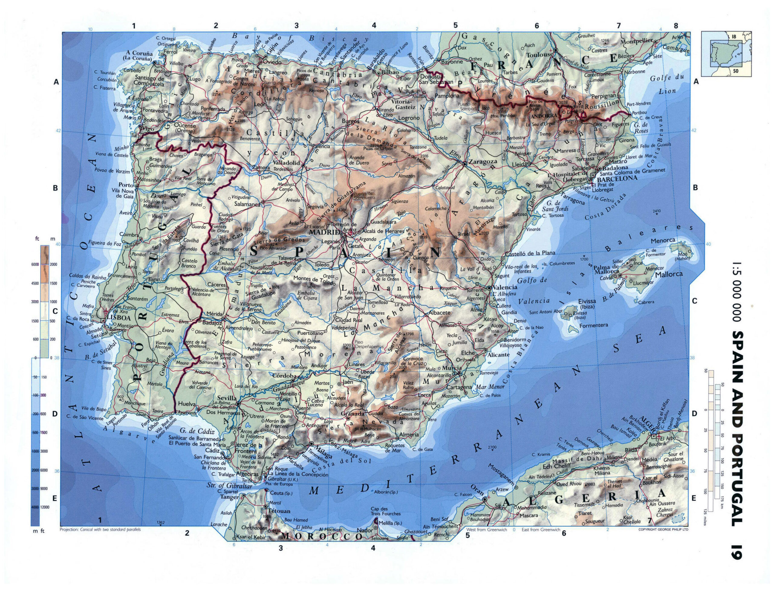 Large Detailed Physical Map Of Spain And Portugal With Roads within Map of Portugal and Spain Detailed