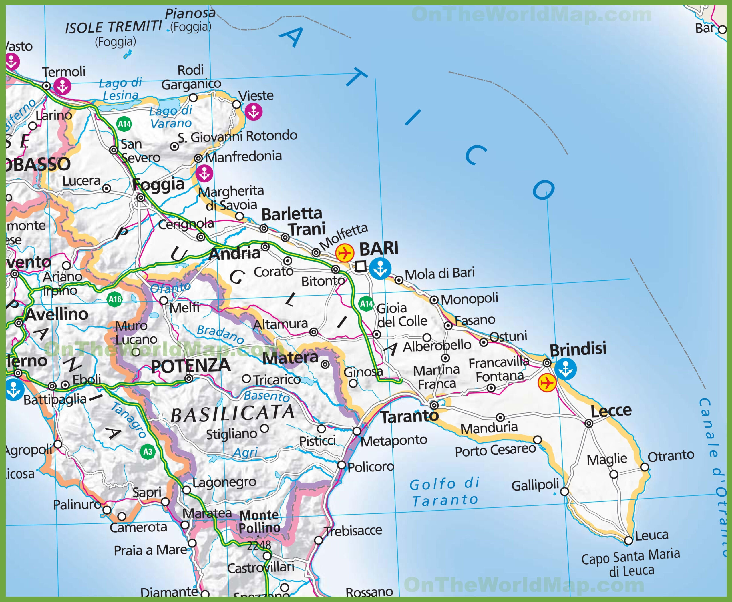 Large Map Of Apulia - Ontheworldmap with regard to Map of South Italy Puglia