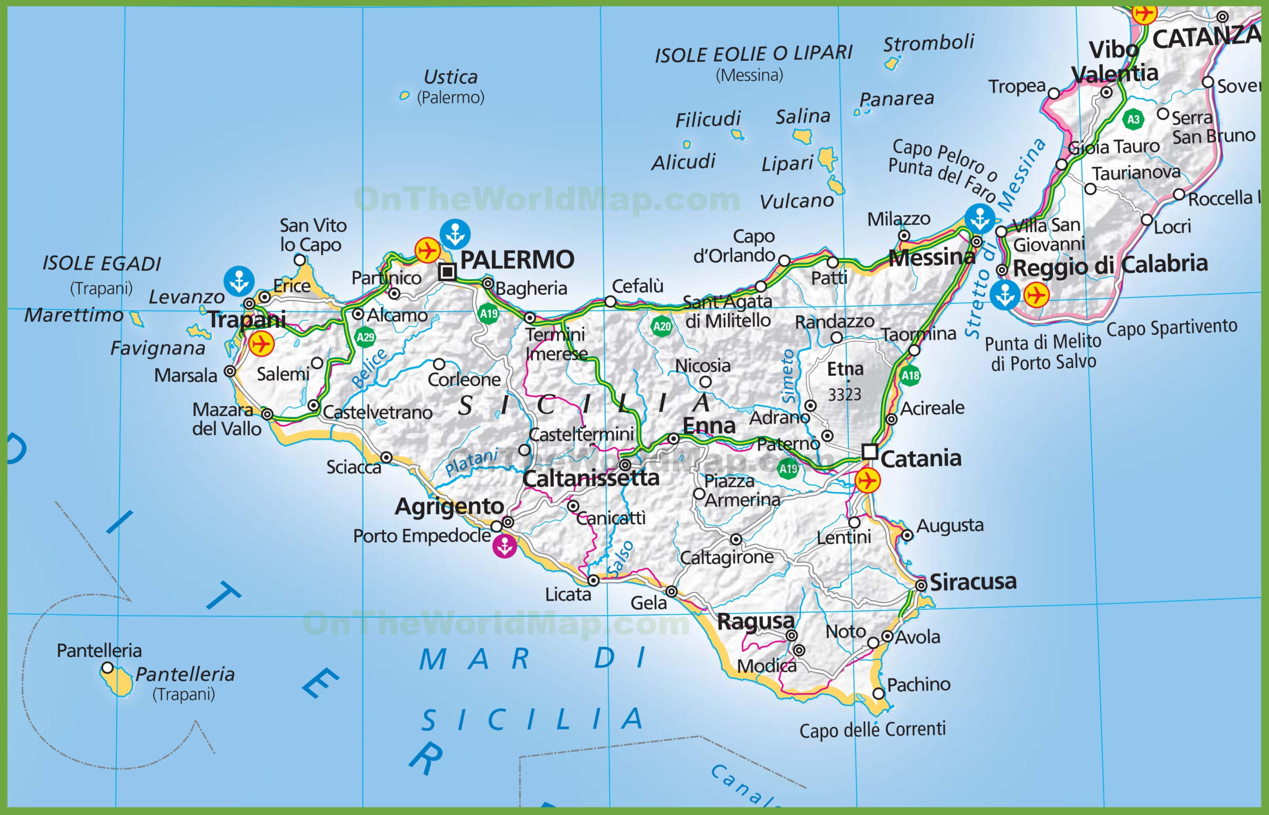 Large Map Of Sicily - Ontheworldmap inside Detailed Map of Sicily Italy