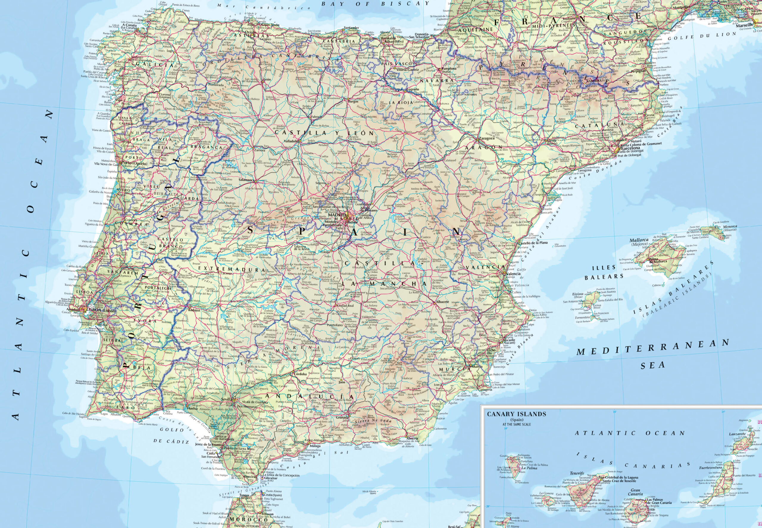 Large Road Map Of Spain And Portugal With Cities And Airports throughout Map Of Portugal And Spain With Cities