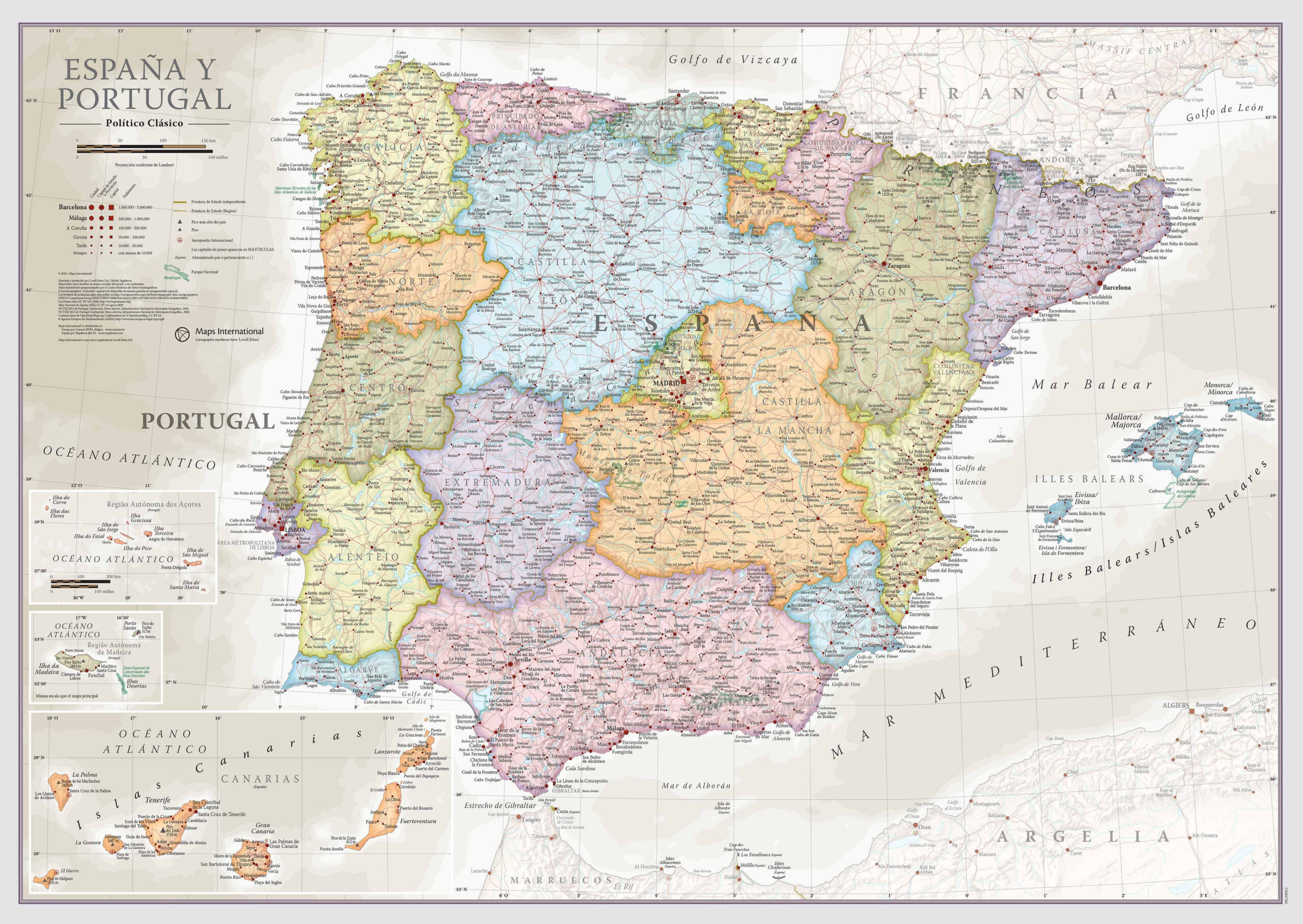 Large Spain And Portugal Classic Wall Map (Hanging Bars) with Map Of Spain And Portugal Together