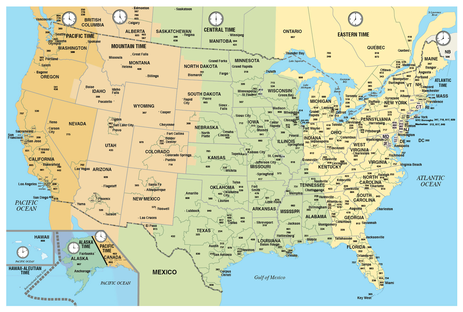 Large Usa Area Codes Map With Time Zones | Usa (United States Of inside Printable Map With Time Zone And Area Code