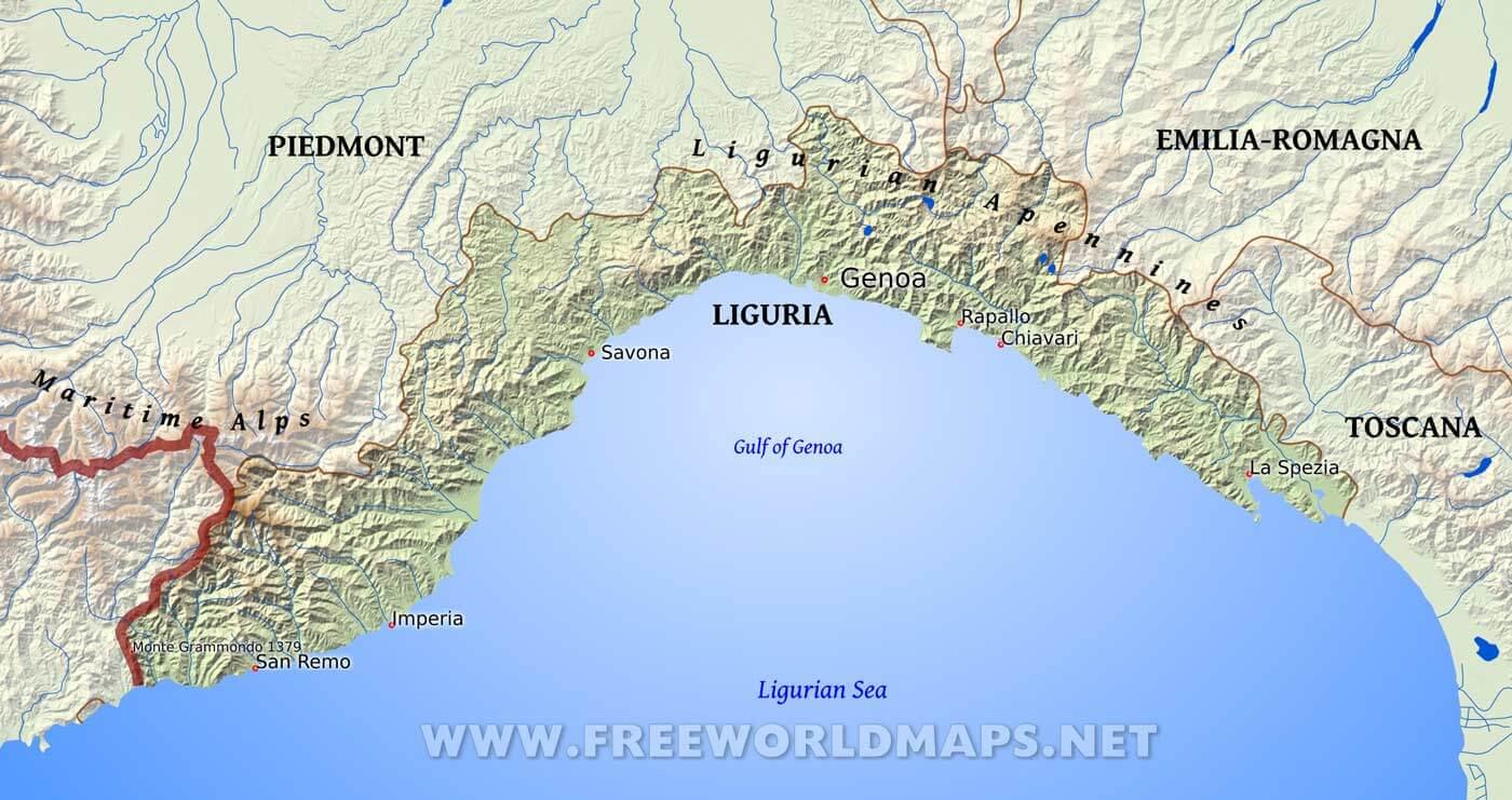 Liguria Physical Map pertaining to Map of Liguria Region of Italy