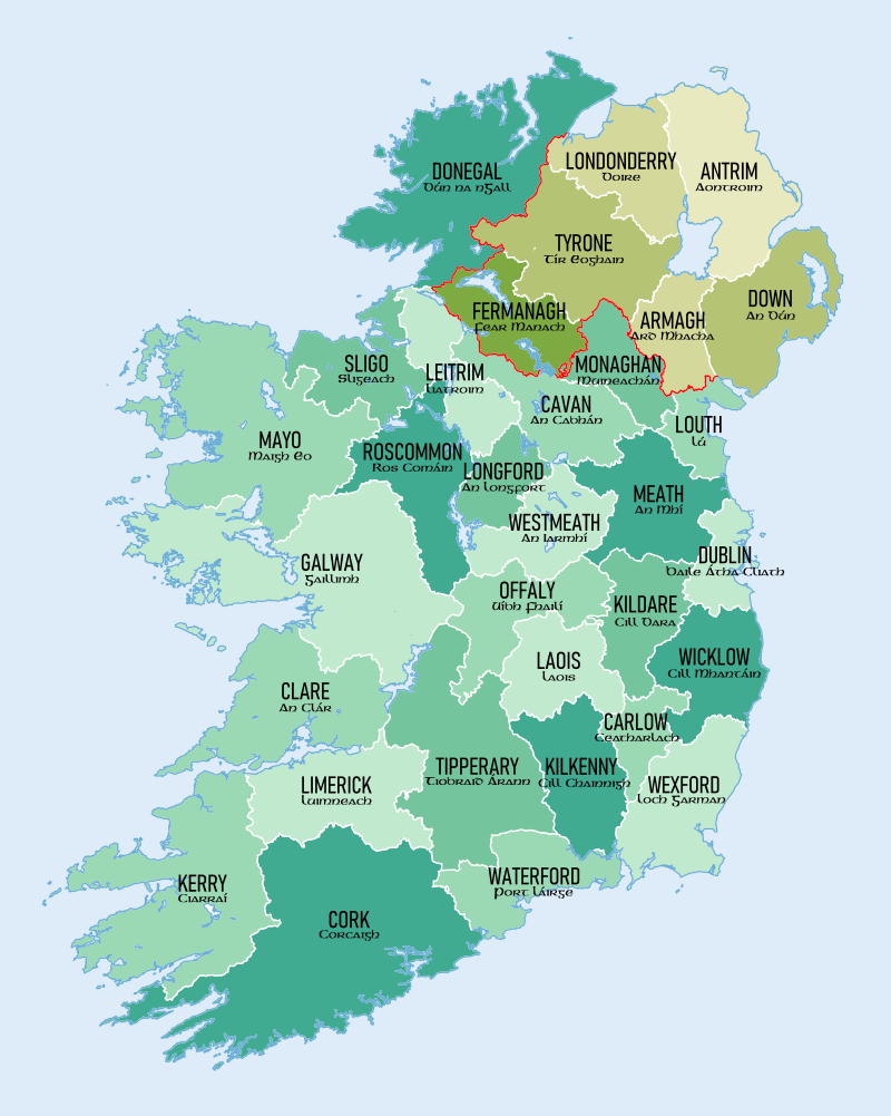 List Of Irish Countiesarea - Wikipedia pertaining to County Map of Ireland and Northern Ireland