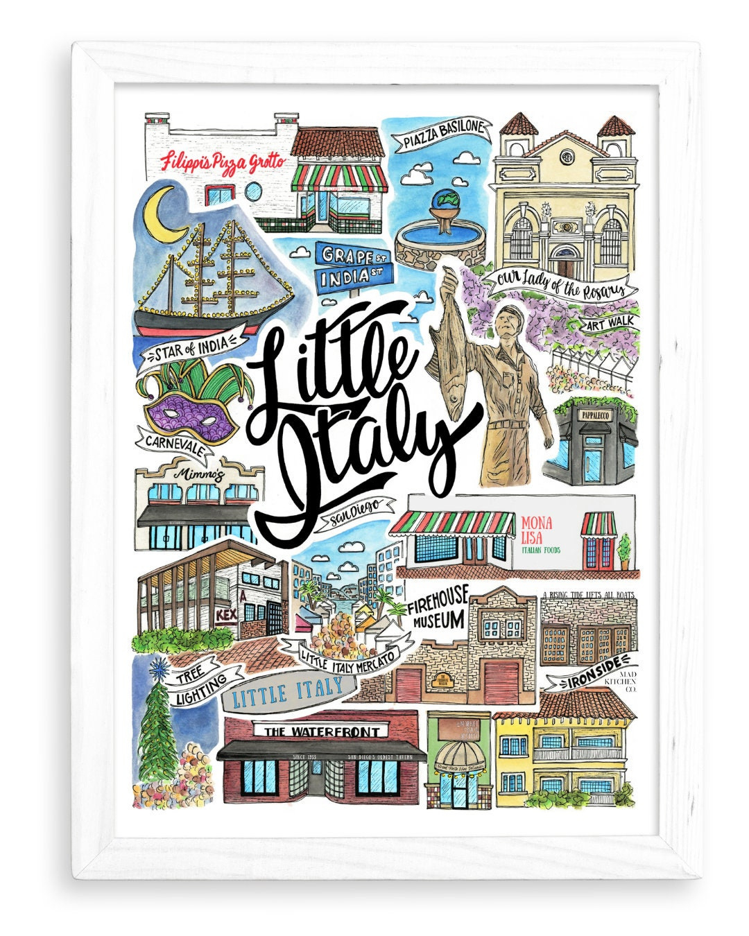 Little Italy Art Print | San Diego Watercolor Drawing California with Map of Little Italy San Diego Ca