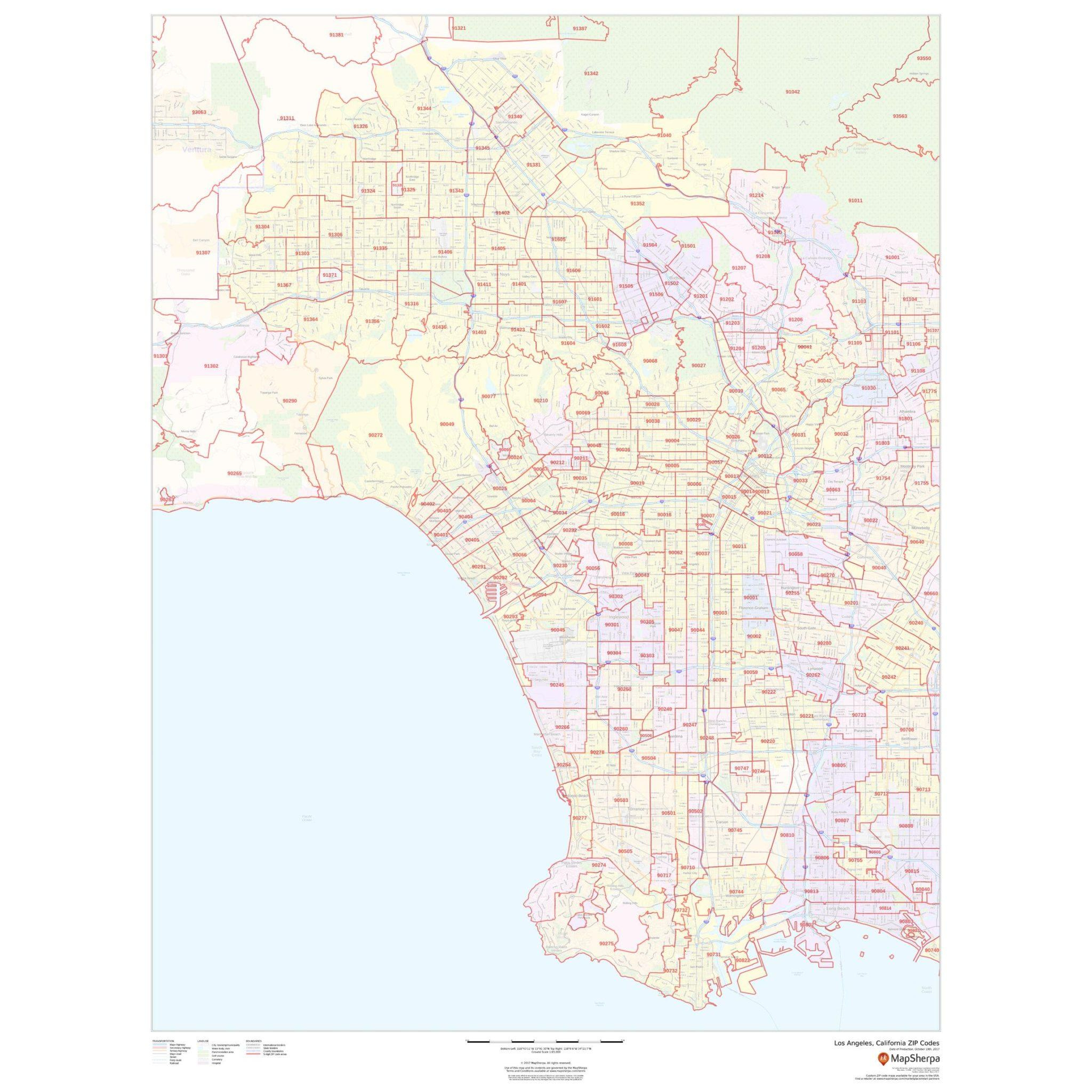 Los Angeles, California Zip Codesmap Sherpa - The Map Shop for Los Angeles County Zip Code Map Printable
