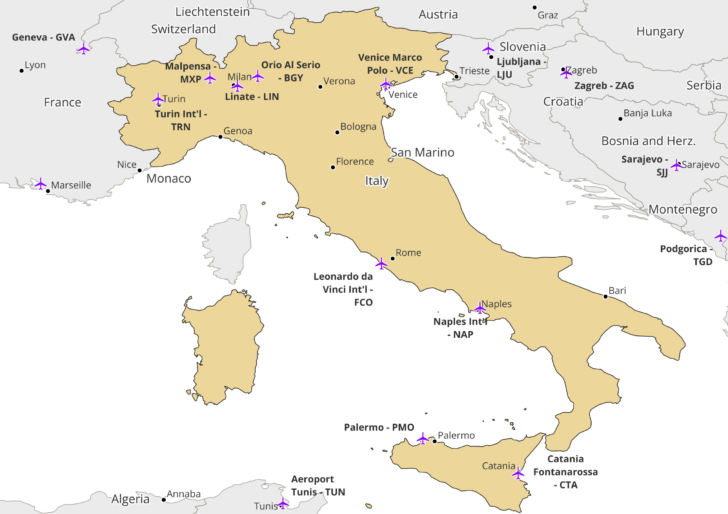 Map of Italian International Airports Map of Italian International Airports