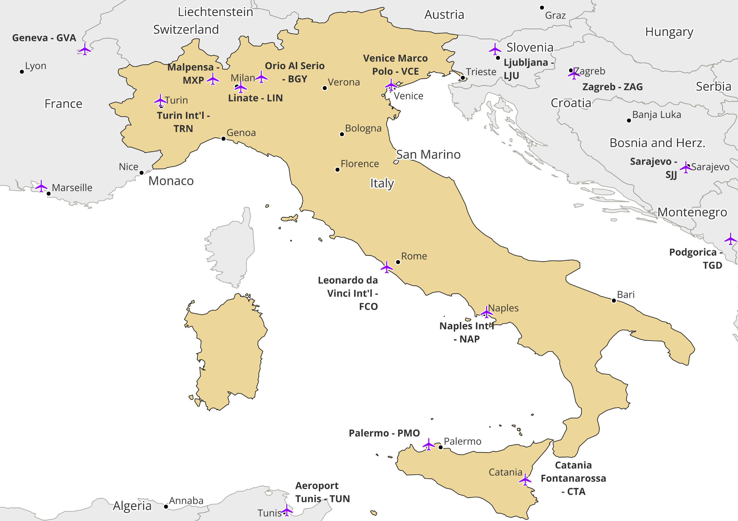 Major Airports In Italy | Mappr with regard to Map Of International Airports In Italy