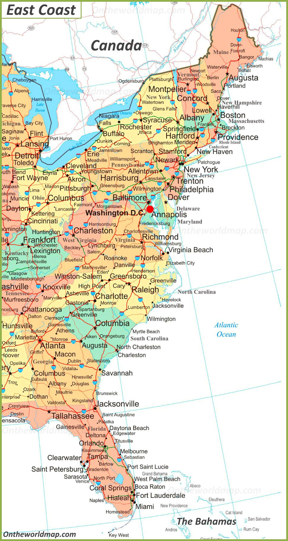 Map Of East Coast Of The United States - Ontheworldmap with Printable Map of East Coast USA