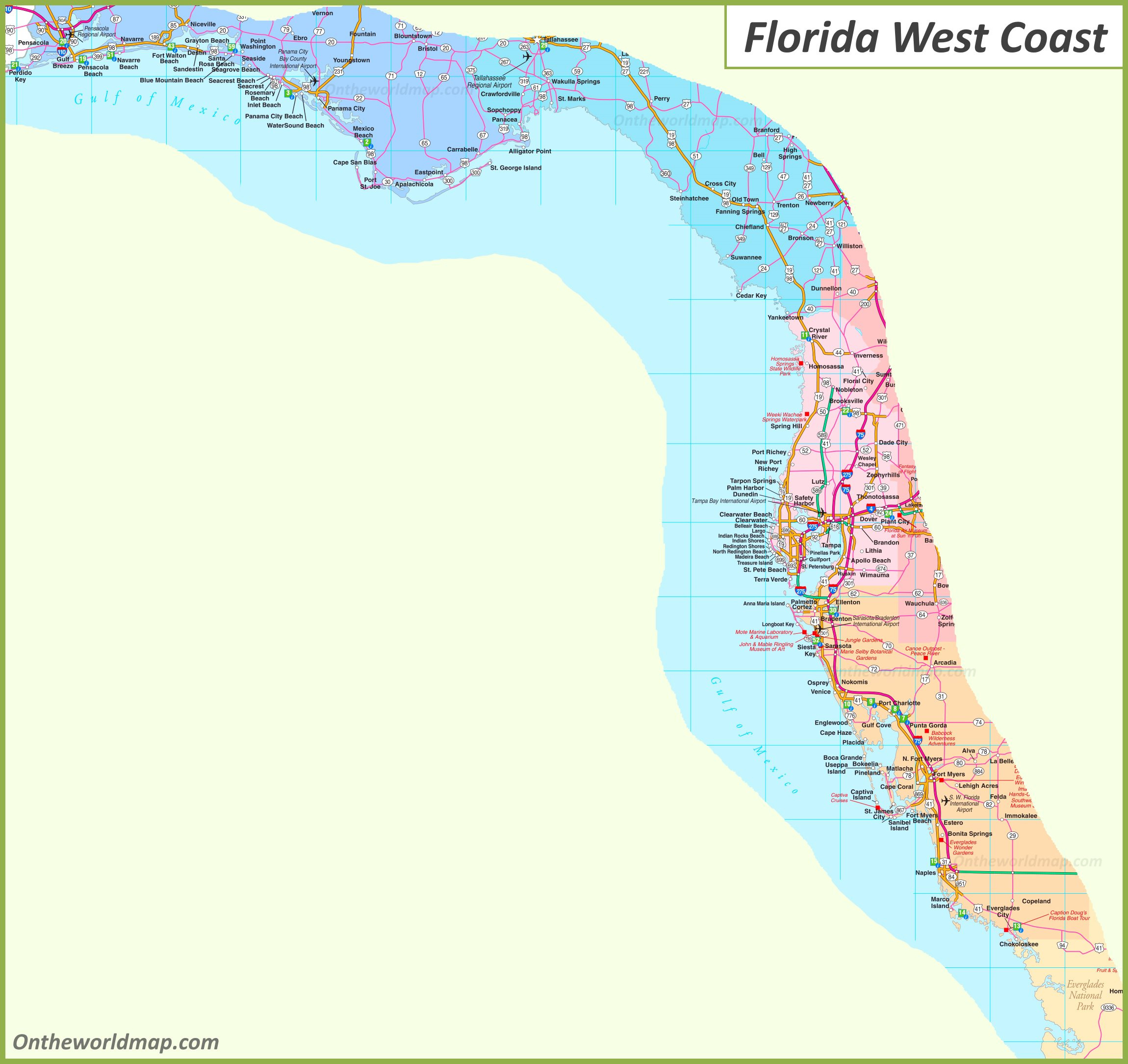Map Of Florida West Coast - Florida Gulf Coast Map - Ontheworldmap intended for Printable Map of West Coast of Florida