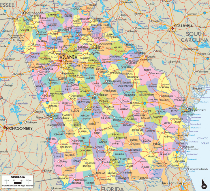 Printable Map of Georgia with Cities
