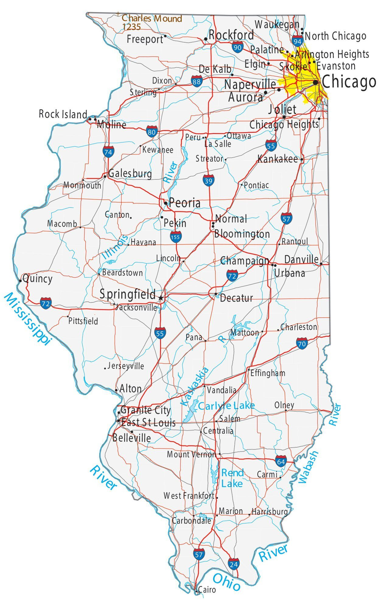 Map Of Illinois - Cities And Roads - Gis Geography pertaining to Printable Map Of Illinois With Cities