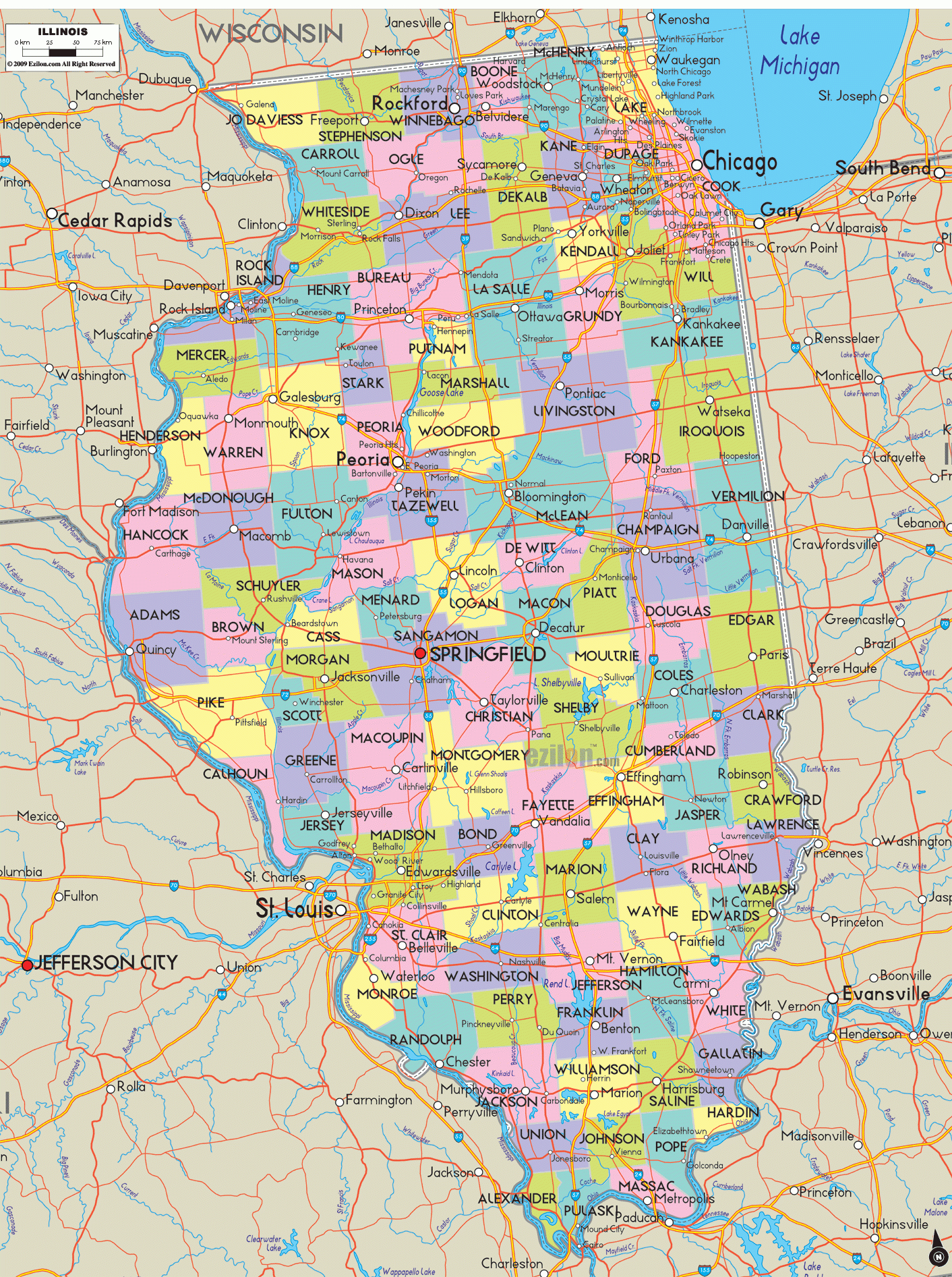 Map Of Illinois - Illinois Map With Cities, Counties And Roads with Printable Map Of Illinois With Cities