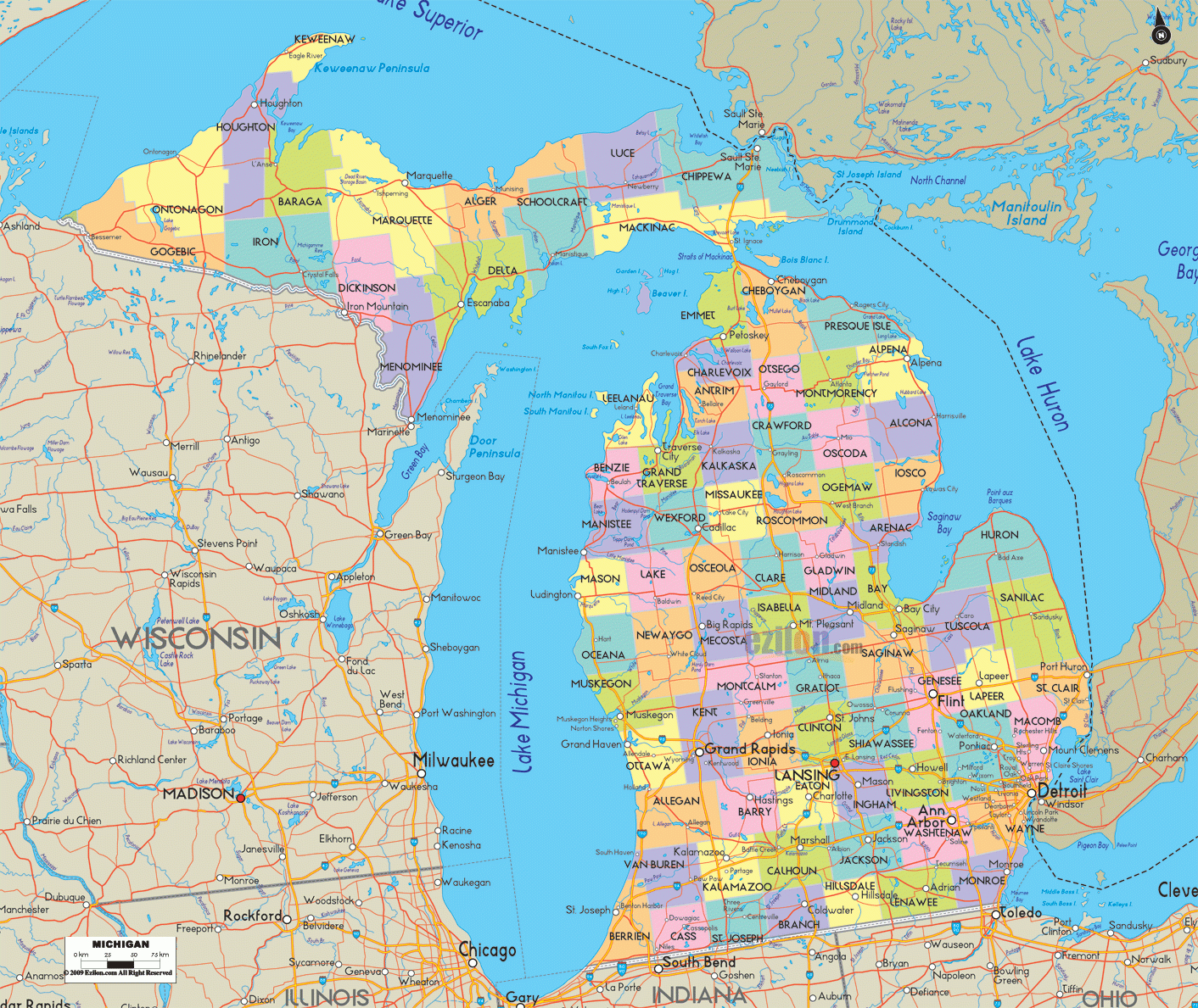 Map Of Michigan - Michigan Map With Cities, Counties And Roads in Printable Map of Michigan with Cities