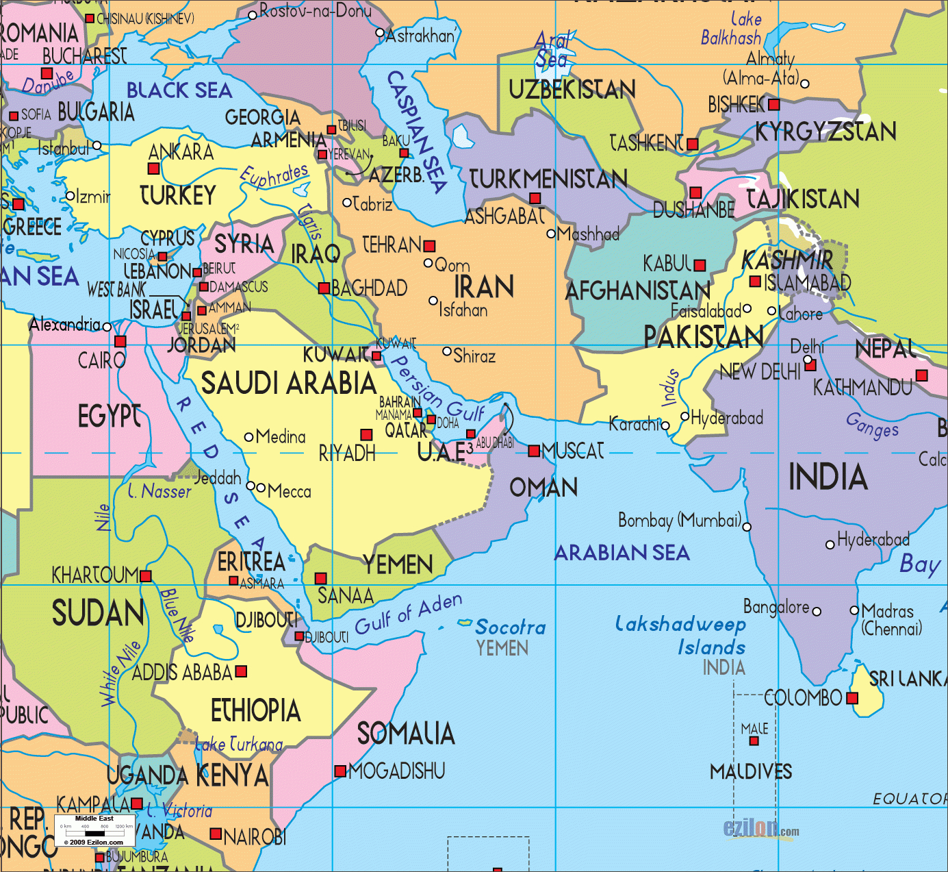 Map Of Middle East With Its Countries Maps - Ezilon Maps with Map of Middle East and Europe and Asia