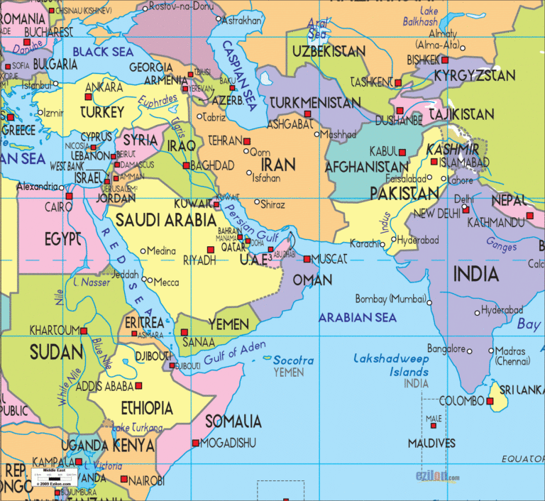 Map Of The Middle East Europe And Asia | Adams Printable Map