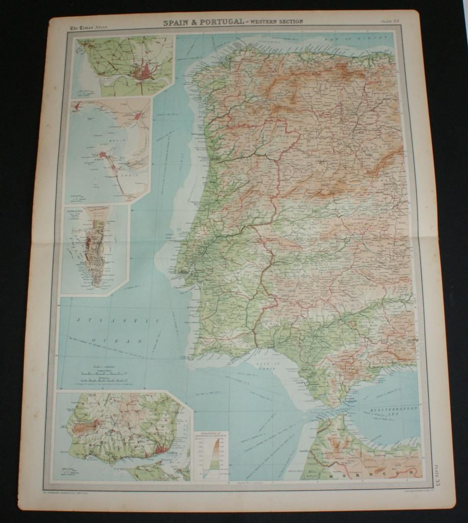 Map Of Portugal And Western Spain From 1920 Times Atlas (Plate 33 &amp;quot;Spain &amp;amp; Portugal - Western Section&amp;quot;) Including Inset Plans Of Oporto, Cadiz,… regarding Map Of Western Spain And Portugal