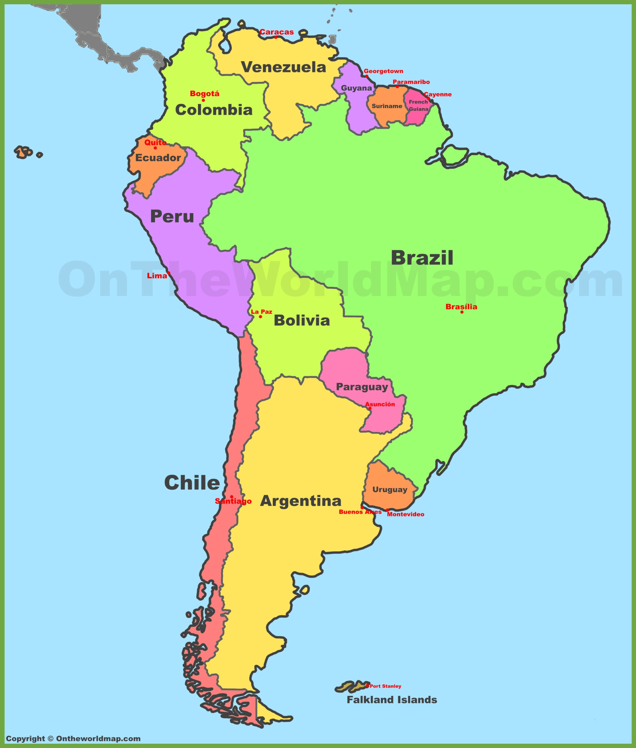 Map Of South America With Countries And Capitals - Ontheworldmap for Map of North and South America Countries and Capitals