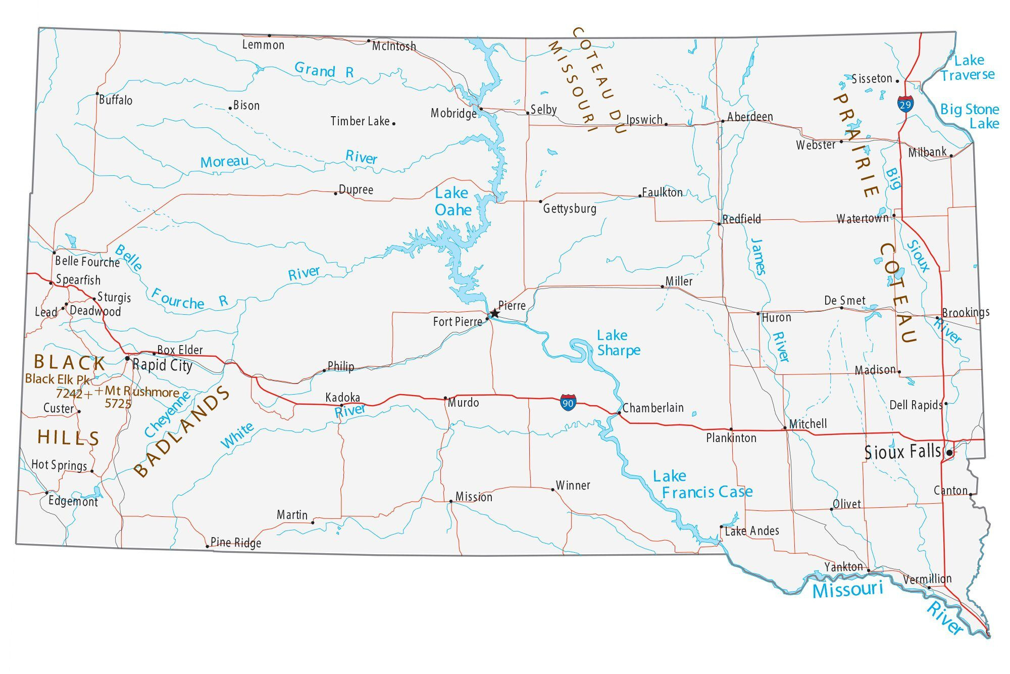 Map Of South Dakota - Cities And Roads - Gis Geography inside Free Printable Map Of South Dakota