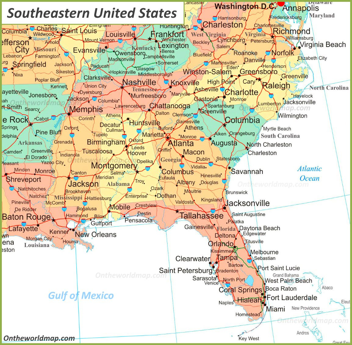 Map Of Southeastern United States - Ontheworldmap within Printable Map Of Southeast United States