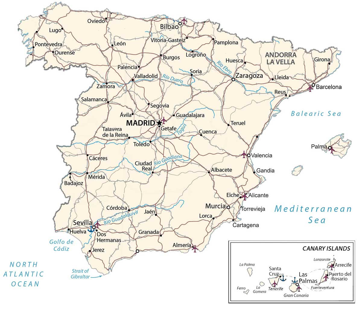 Map Of Spain - Cities And Roads - Gis Geography with Map of Spain and Portugal with Major Cities