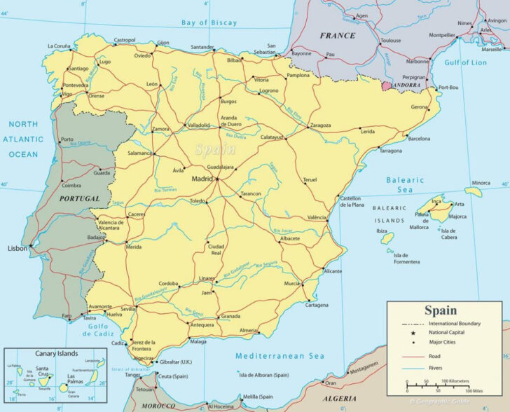 Printable Map of Spain and Portugal with Major Cities