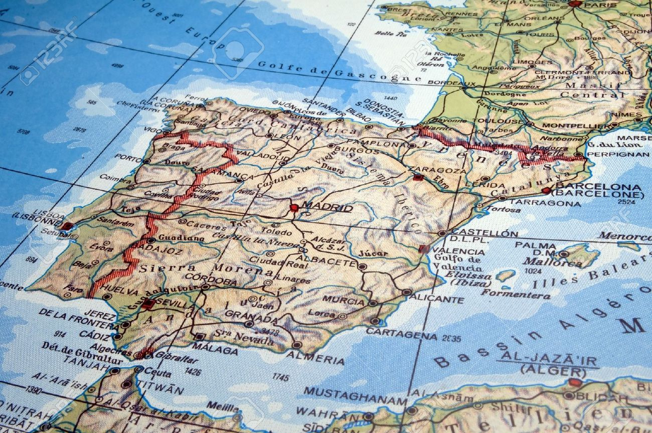 Map Of Spain, Portugal And Part Of France. Stock Photo, Picture within Map of Spain Portugal and France