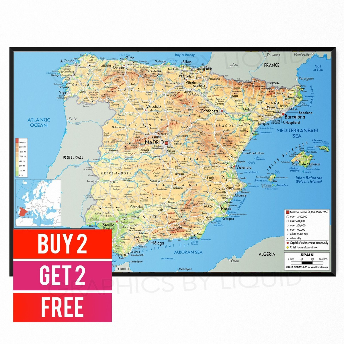 Map Of Spain Portugal Showing Major Citys And Towns Poster - A5 A4 A3 pertaining to Map Of Portugal And Spain With Cities And Towns