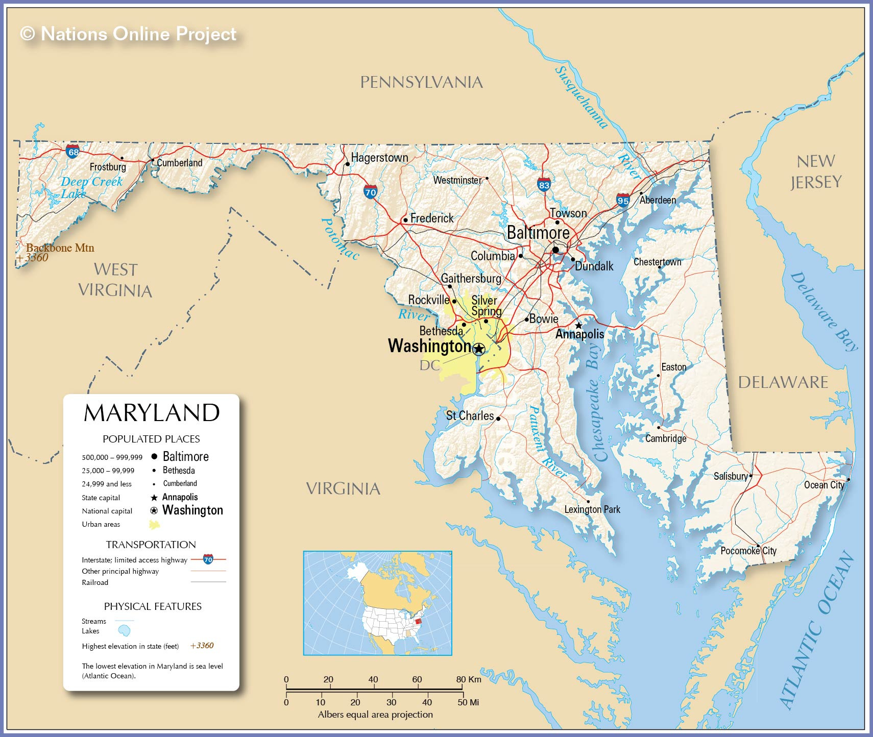 Map Of The State Of Maryland, Usa - Nations Online Project in Ocean City Maryland Map Printable